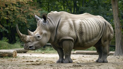 Naklejka premium White huge wild rhinoceros standing on the savanna. AI generated image