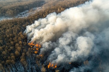 A large area of forest engulfed in flames during strong winds, with huge columns of smoke. 