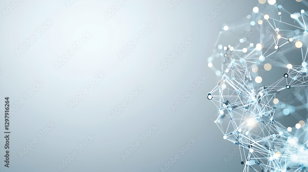 Poster abstract digital network with blue illuminated lines and dots on light gray background