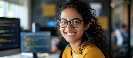 Young female Indian IT developer programmer working with laptop in the office. AI generated image