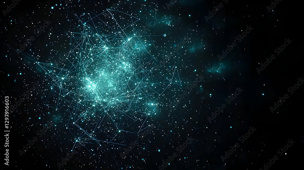 Poster abstract digital network of glowing blue dots on black background representing data connection