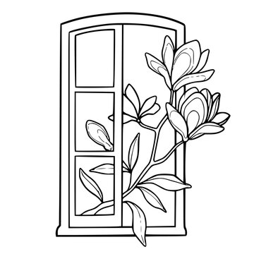 window with magnolia flowers black outline clip art preview