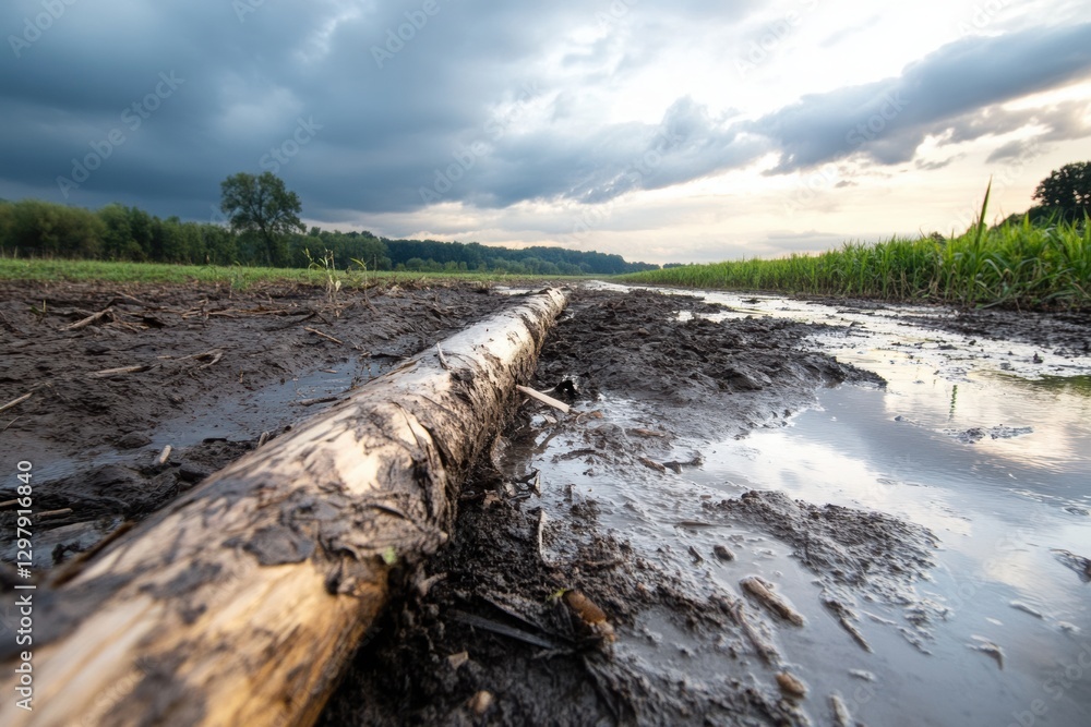 Poster the consequences of a river overflowing on fields that are flooded with water and leave behind silt 