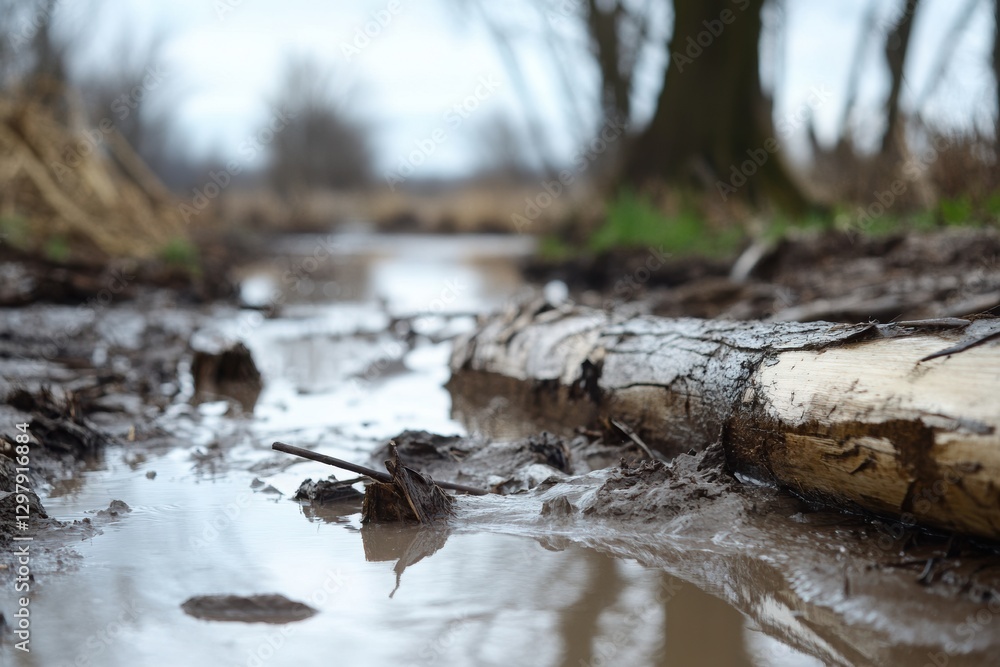Poster the consequences of a river overflowing on fields that are flooded with water and leave behind silt 