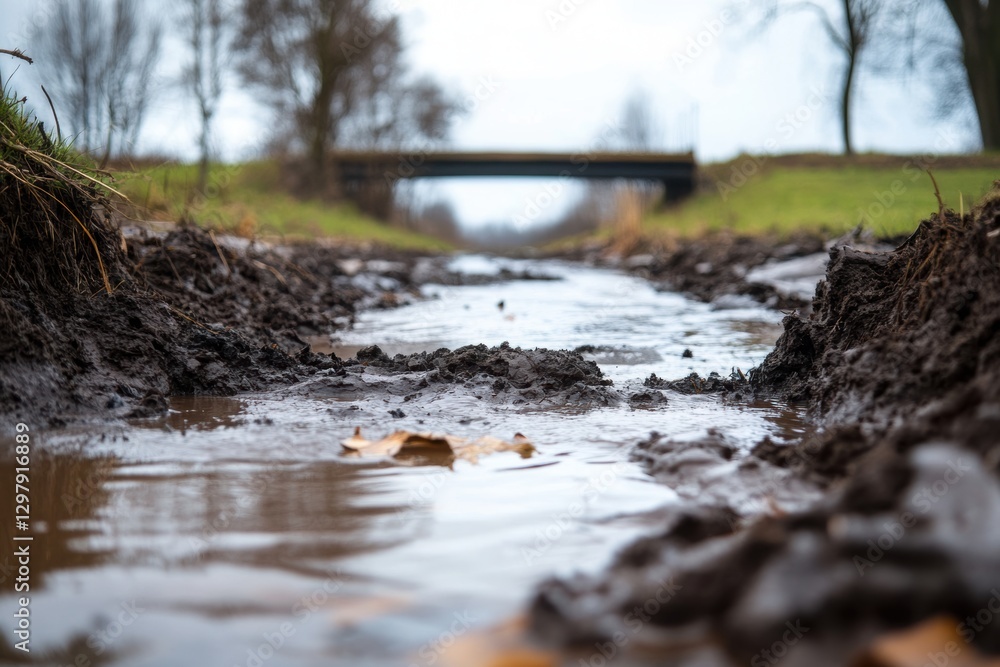 Poster the consequences of a river overflowing on fields that are flooded with water and leave behind silt 