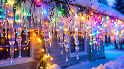 Fototapeta premium icicles hanging on the roof, abstract background with colorful lights, Iridescent icicle lights, Christmas lights background, abstract background with colorful lights