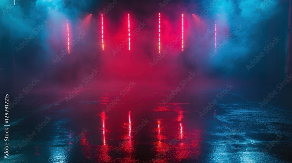 Poster empty background scene. dark street reflection on wet asphalt. rays of neon light in the dark, neon 