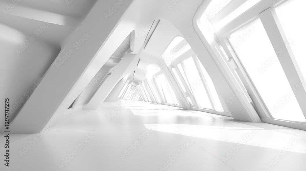 Poster empty long light corridor. modern white background. futuristic sci-fi triangle tunnel. 3d rendering