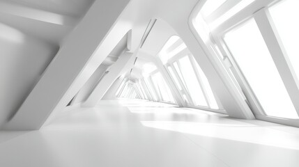 Obraz premium Empty Long Light Corridor. Modern white background. Futuristic Sci-Fi Triangle Tunnel. 3D Rendering