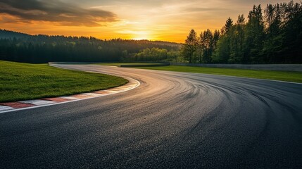 Fototapeta premium Empty race track and green woods nature landscape at sunset