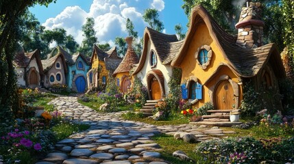 Enchanting Cartoon Village with Whimsical Houses and Stone Pathway in a Fantasy Setting
