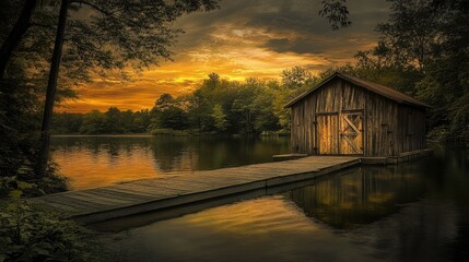 Fototapeta premium Charming Rustic Cabin by the Lake at Dusk