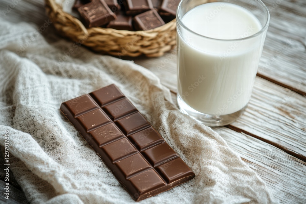 Poster Enjoying a delightful combination of chocolate bar and milk on a rustic wooden table in a cozy setting. Generative AI