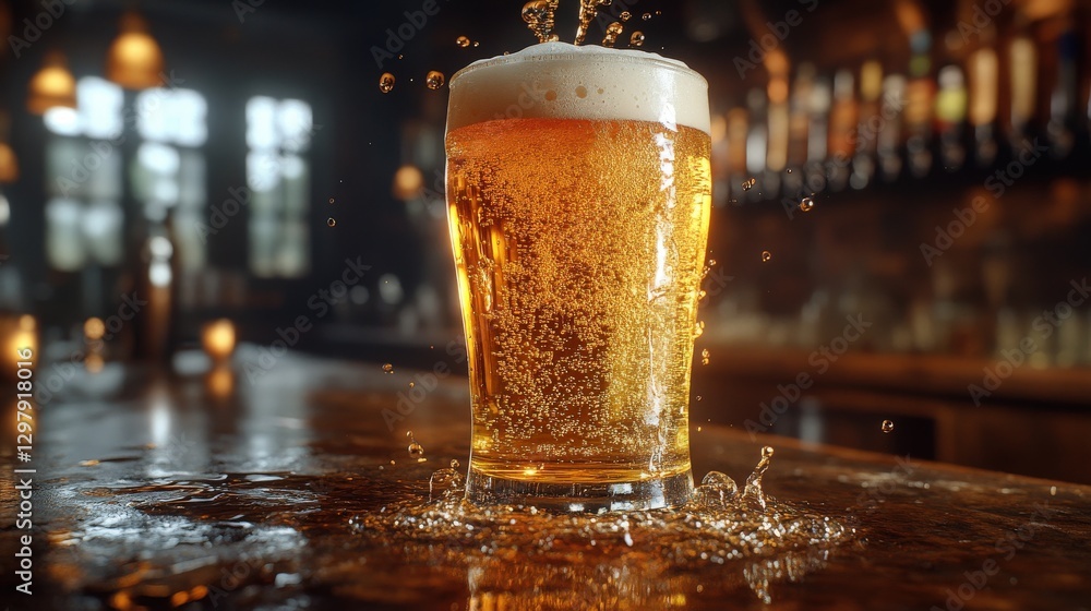 Poster refreshing beer splashing into a glass on a bar top; capturing the golden liquid and bubbles.