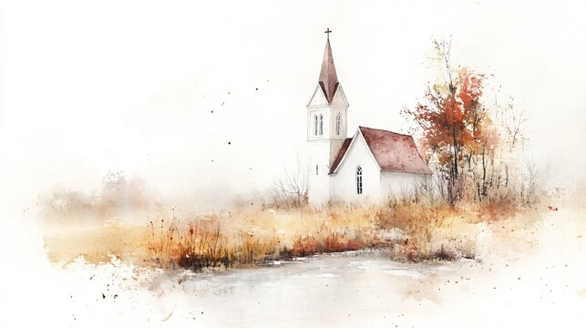 Watercolor painting of rural church in autumn landscape. White chapel with steeple surrounded by fall foliage. Rustic countryside scene for All Saints' Day, Thanksgiving, or harvest celebrations.