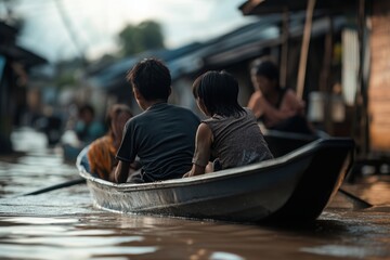 People evacuating from flooded homes via rescue boats or speedboats.