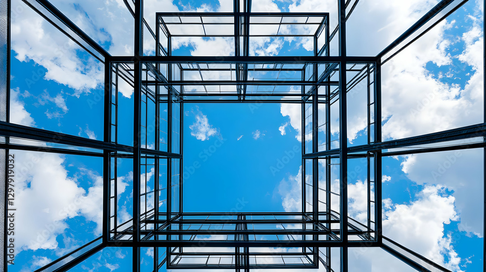 Poster Abstract Geometric Framework Structure With Blue Sky And White Clouds Viewed From Inside Perspective