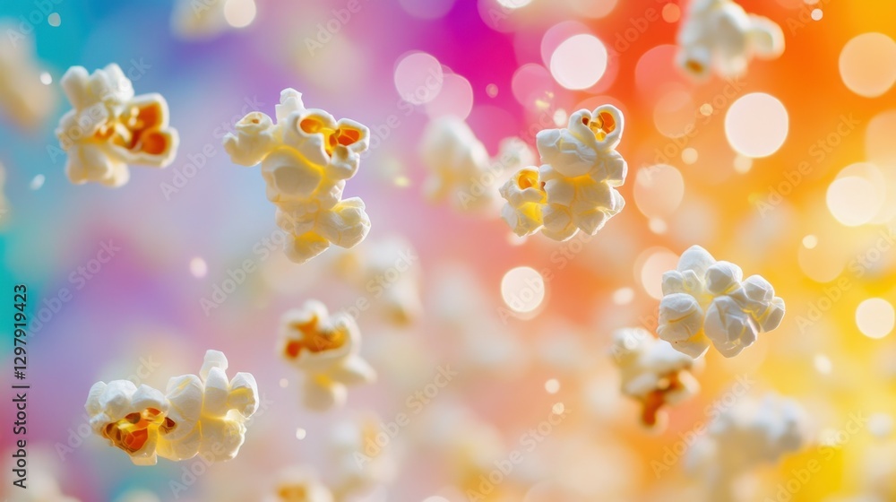 Poster floating popcorn kernels in a colorful background during a joyous celebration