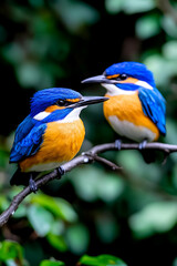 Fototapeta premium Colorful kingfishers on branch, lush forest background, nature scene