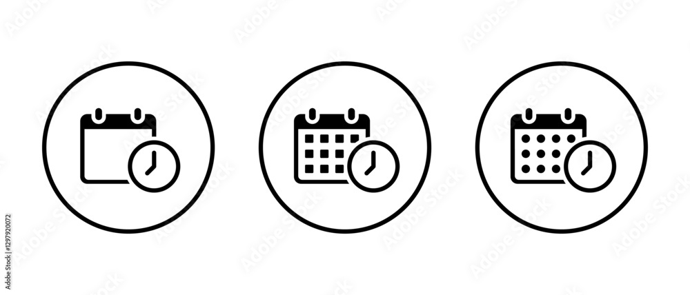 Poster calendar with time icon set on circle line. date with clock sign symbol