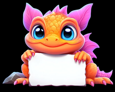 Cute cartoon dragon holding blank sign, digital art