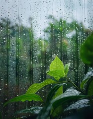 Close-up rain window: blurry green foliage, peaceful mood. Rainy day, calming scene