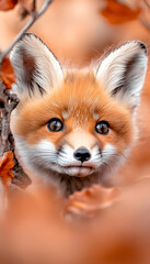 Obraz premium Cute Fox Posing in Autumn Leaves. Wildlife Photography for Educational Purposes