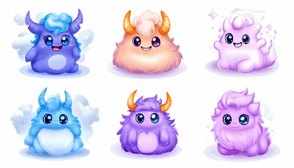 Cute Fluffy Monsters, Cartoon Characters, Fantasy Creatures,  Design Elements, Digital Illustration