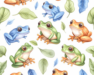 Obraz premium Cute frogs on leaves seamless pattern