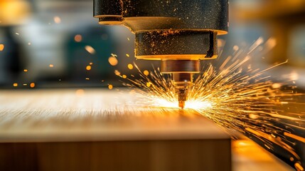 CNC machine cutting wood, sparks flying.