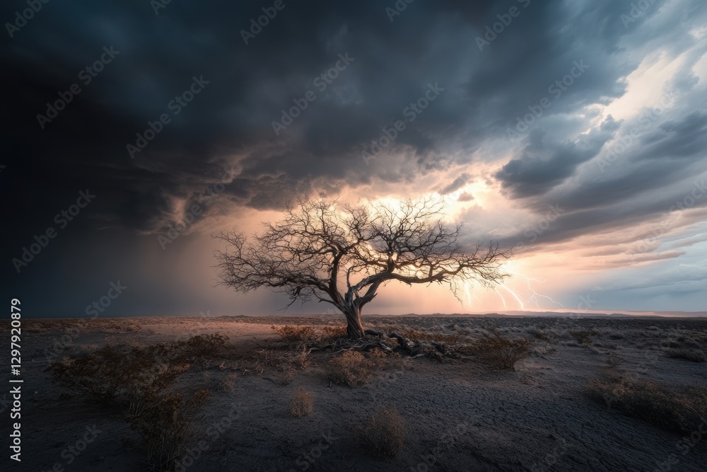 Poster thunderstorm and lightning striking a tree in the middle of the desert, creating a dramatic contrast