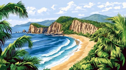 Fototapeta premium Retro pixel art tropical island coast with lush foliage and turquoise sea scenic landscape travel destination digital nature paradise