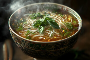 Aromatic vietnamese pho with fresh basil steaming in a decorative bowl