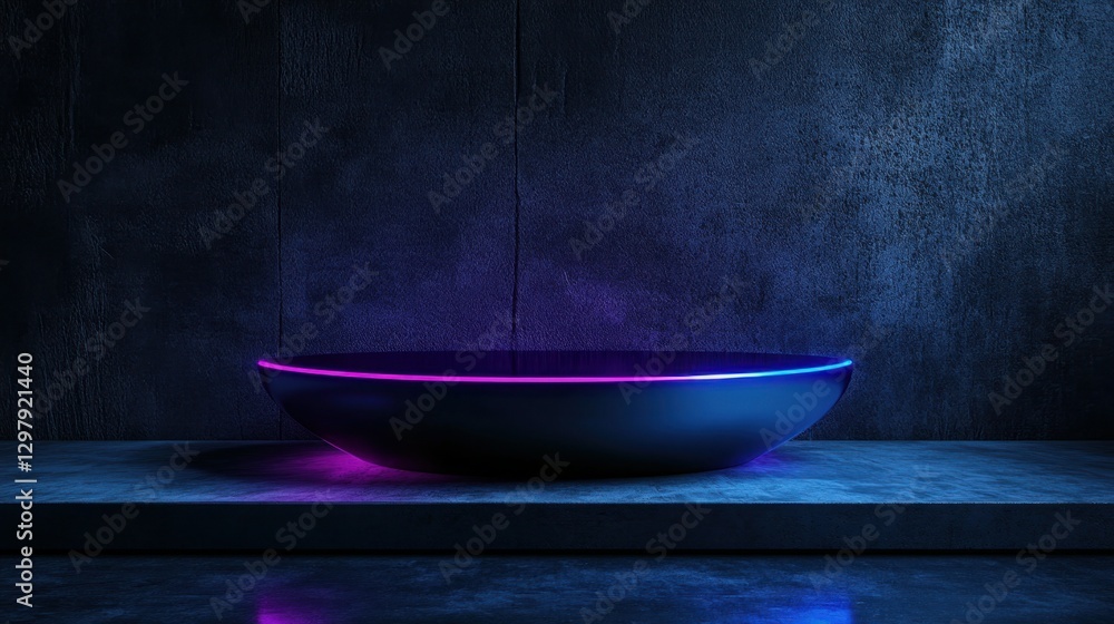 Poster futuristic sci-fi abstract blue and purple neon light shapes on black background and reflective conc