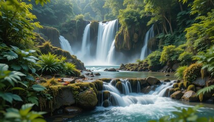 Obraz premium Serene Waterfall Cascading through Lush Tropical Rainforest Paradise