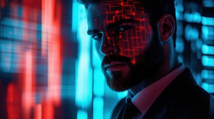 Futuristic Technology Concept: Digital Network and Neon Portrait of Businessman