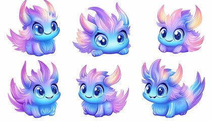 Fototapeta premium Fantasy creatures, colorful digital illustration, cute monsters, various poses. Possible use Children's book, game design, digital art