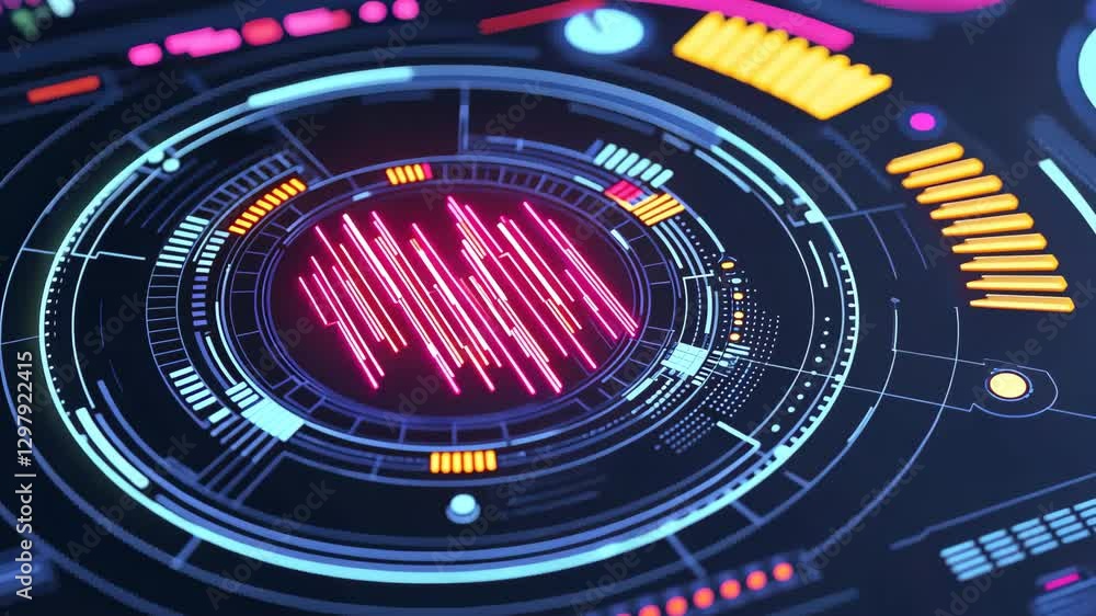 Poster futuristic digital interface vibrant neon colors, circular design elements, and waveform patterns in