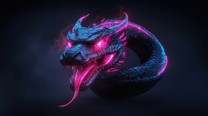 Fierce, animated dragon curled with neon accents in dark mystical atmosphere