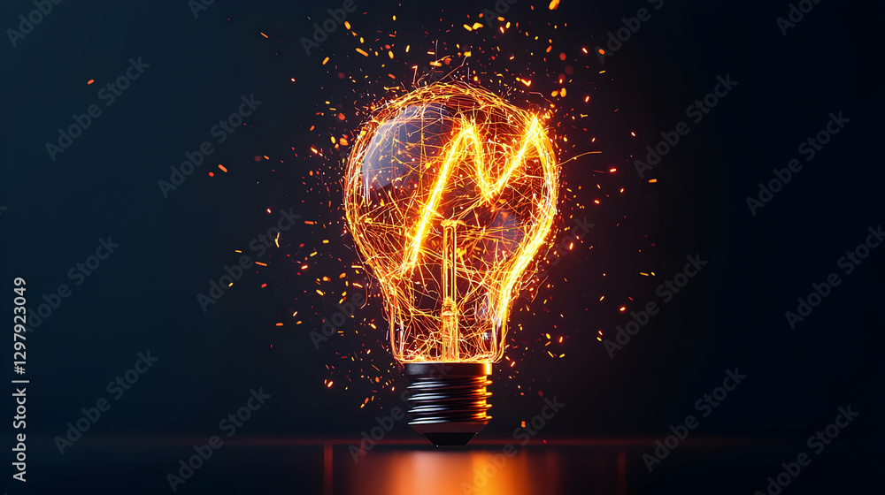 Poster glowing lightbulb exploding with fiery particles on dark background representing new idea