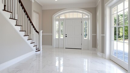 Grand entryway, marble floor, staircase, windows, home interior design