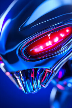 Futuristic alien head close-up, glowing red eyes, technology concept