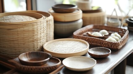A Still Life of Rustic Asian Kitchenware and Bamboo Steaming Baskets