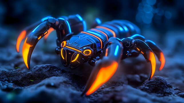 Futuristic robotic scorpion in dark terrain. Possible stock photo use