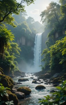 Serene Waterfall in Lush Tropical Rainforest ParadiseA Tranquil Scene of Nature s Beauty
