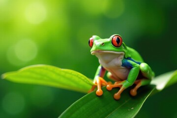 Obraz premium A smiling green frog perched on a leafy branch, enjoying the view , sit, branch, outdoors