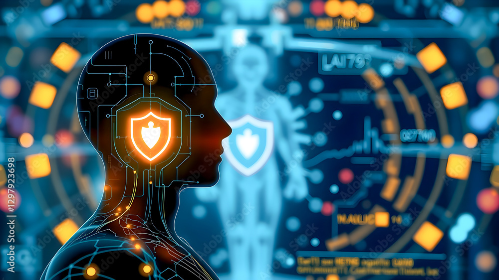 Poster cyber security and technology concept. 3d rendering toned image double exposure