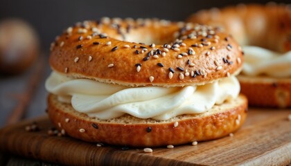 Fresh bagel filled with cream cheese and sesame seeds on a wooden board, copy space
