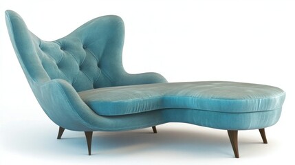 Elegant Lounger: A stylish chaise lounge with a modern design and curves, upholstered in a soft, inviting aqua fabric. It's a perfect blend of form and function.