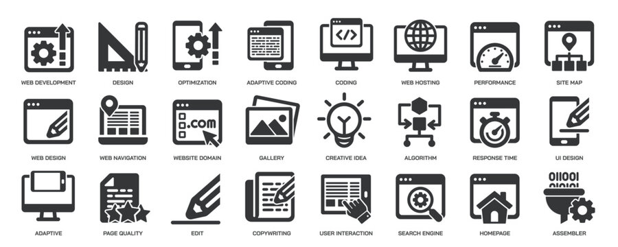 Web development glyph solid icons collection. Containing web design, coding, set, web page. Minimal icon and symbol series vector illustration